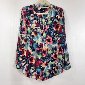Premise Studio Floral Blouse 2X Multicolor‎ Long Sleeve V-Neck Women's Top